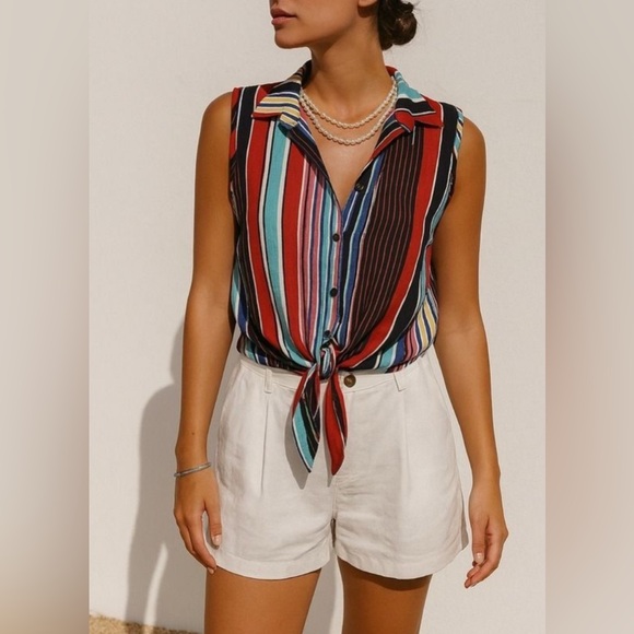 Perseption Tops - Perseption Womens Blue Striped Sleeveless Collared VNeck Button Top sz L Beachy